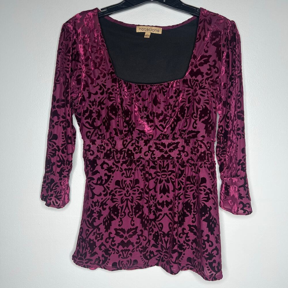VTG‎ Notations Burgundy Velvet Burnout Babydoll Top Size S Flutter Sleeve Y2K